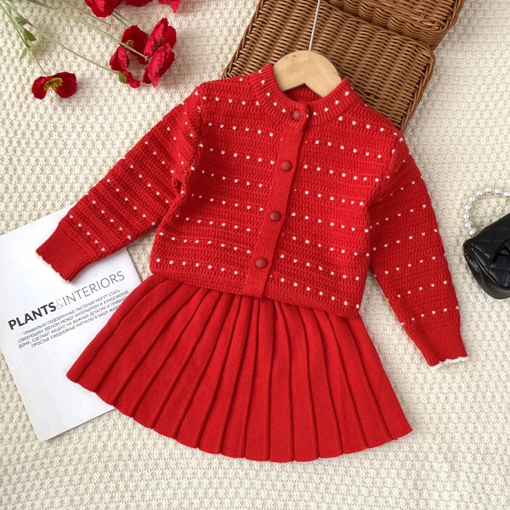 New Year's Girls Clothes Red Knitted Sweater 2-piece Set Autumn Winter Long Sleeved Cardigan and Short Skirt Children's Outfits