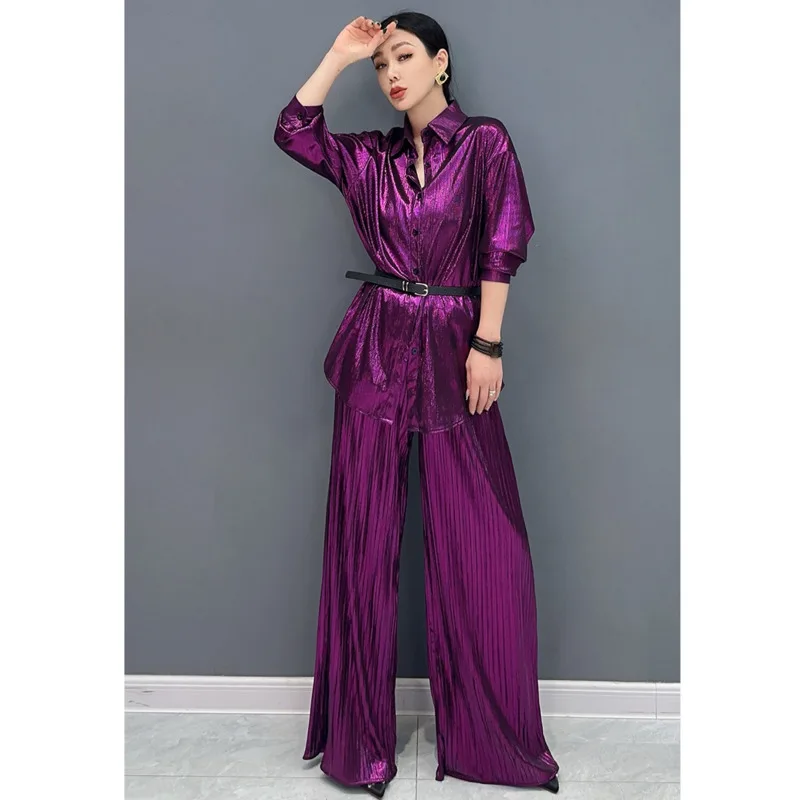 Vefadisa 2024 Summer New Purple Gold Women Sets Glossy Pleated Long Shirt With Belt Wide Leg Pants Two Piece Sets Fashion HLX351