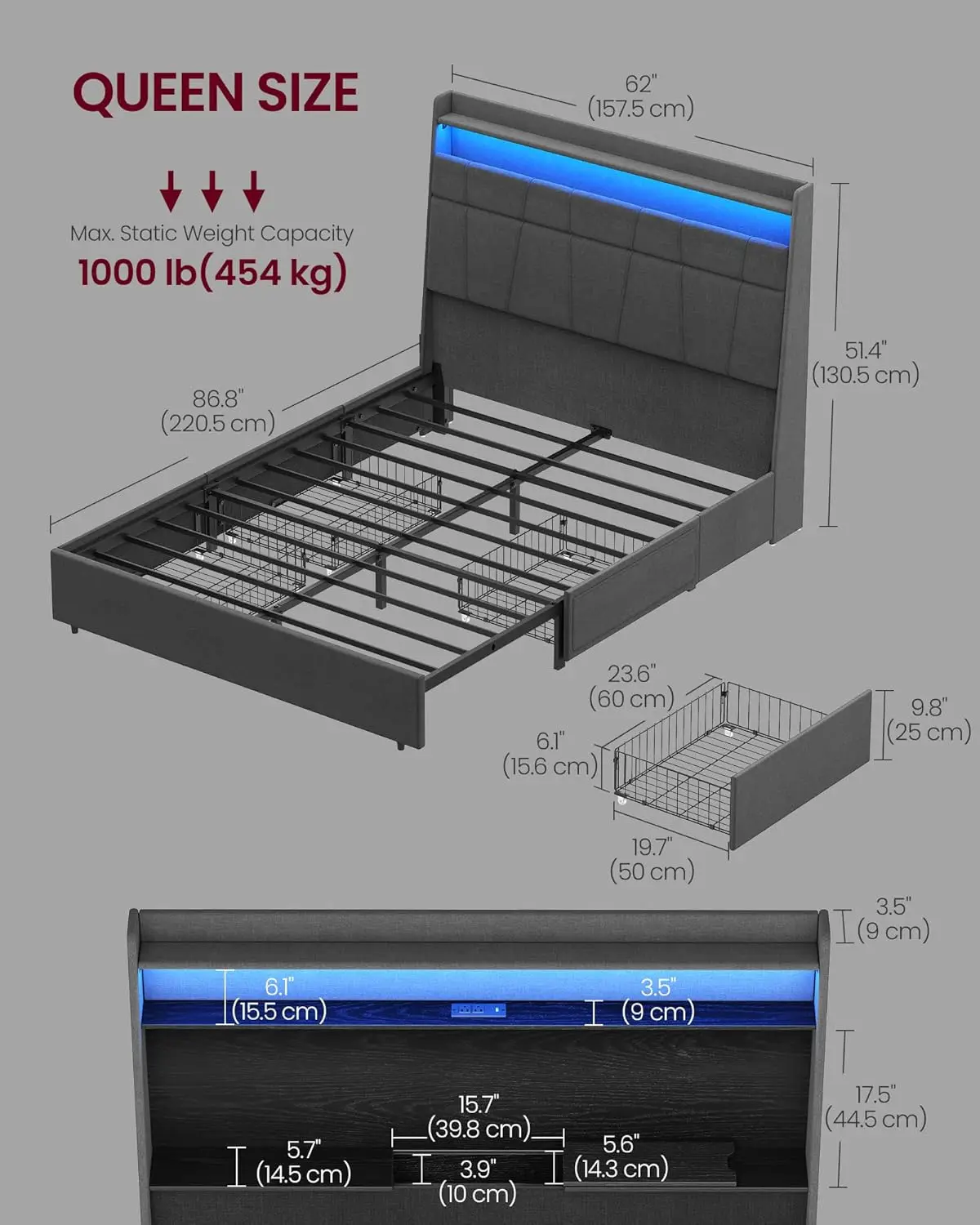 Vasagle Queen Bed Frame With 51.4-Inch Tall Storage Headboard, Bed Frame Queen Size, With 4 Storage Drawers On Wheels, Led