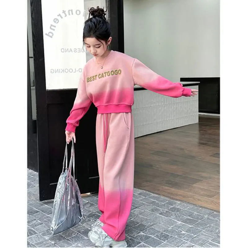 2026 Girls Stylish Crop 3D Alphabet Pullover Sweatshirt+Sweatpant Work Set School Kids 2PCS Tracksuit Children Jogging Outfit