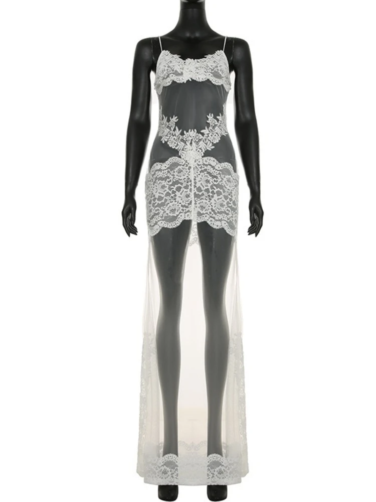 Femme vêtements Spaghetti sangle transparente robe longue Clubwear Sexy dentelle Patchwork maille sans manches robes robes de soirée
