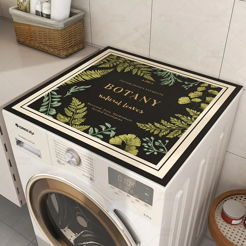 VIKAMA Retro Oil Painting Flower Washing Machine Top Mat Red Border Vintage Text Waterproof Anti Dust Laundry Dryer Surface Pad