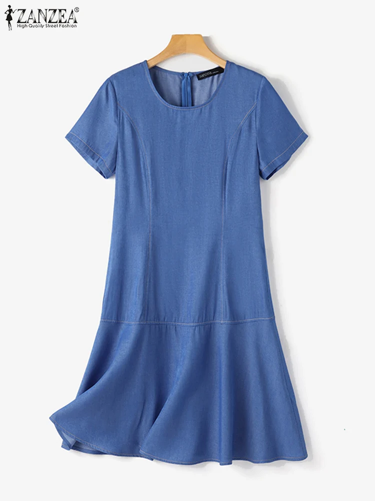 Summer Denim Blue Dress 2024 ZANZEA Women Elegant Short Sleeve Work Sundres Robe Femme Stylish Ruffles Hem Vestidos Sarafans