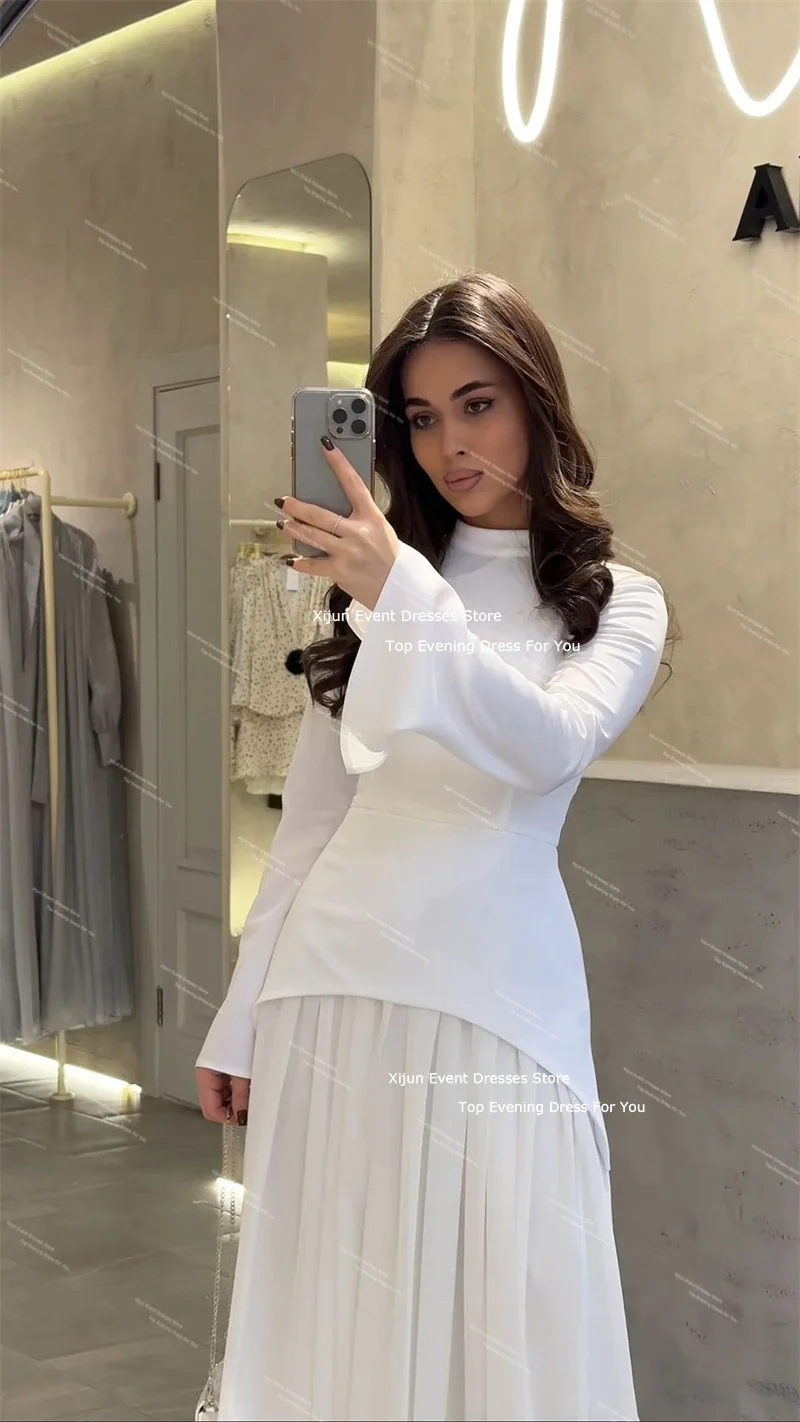 Xijun Elegant White Long Evening Dresses Full Sleeves Ruched Formal Prom Dresses Saudi Arabric A-Line High Collar Prom Gown 2024