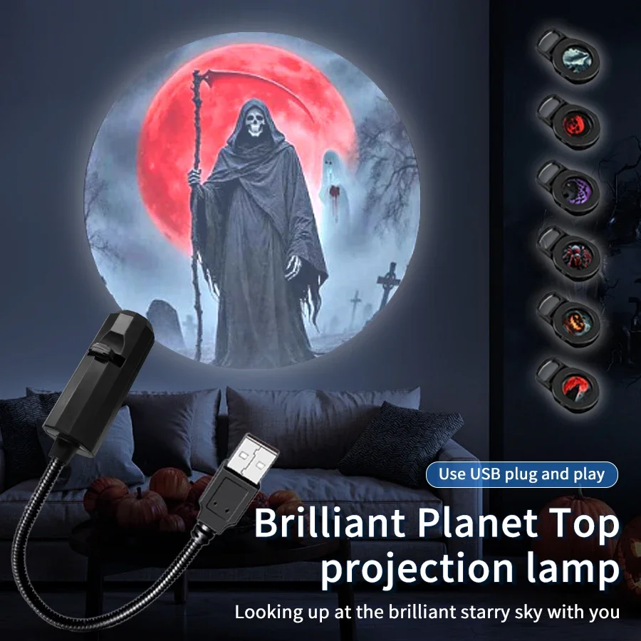 Halloween Moon Projection Lamp USB LED Night Light Adjustable Romantic Mood Light for Christmas Wall Ceiling Home Decor