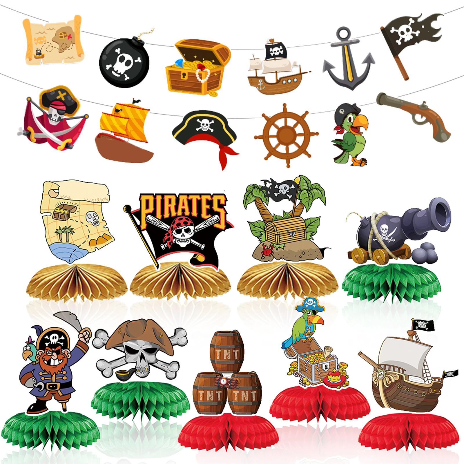 11 Pcs Pirate Party Decorations Themed Banner with Pirate Honeycomb Centerpieces,Halloween Party Decorations for Pirate Birthday