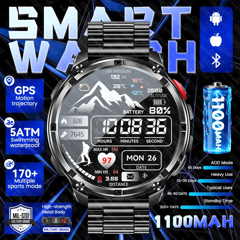 

New Military Men GPS Smart Watch Outdoor Compass 1100mAh Battery 5ATM Waterproof 170+Sports Mode Adult Bluetooth Call Smartwatch