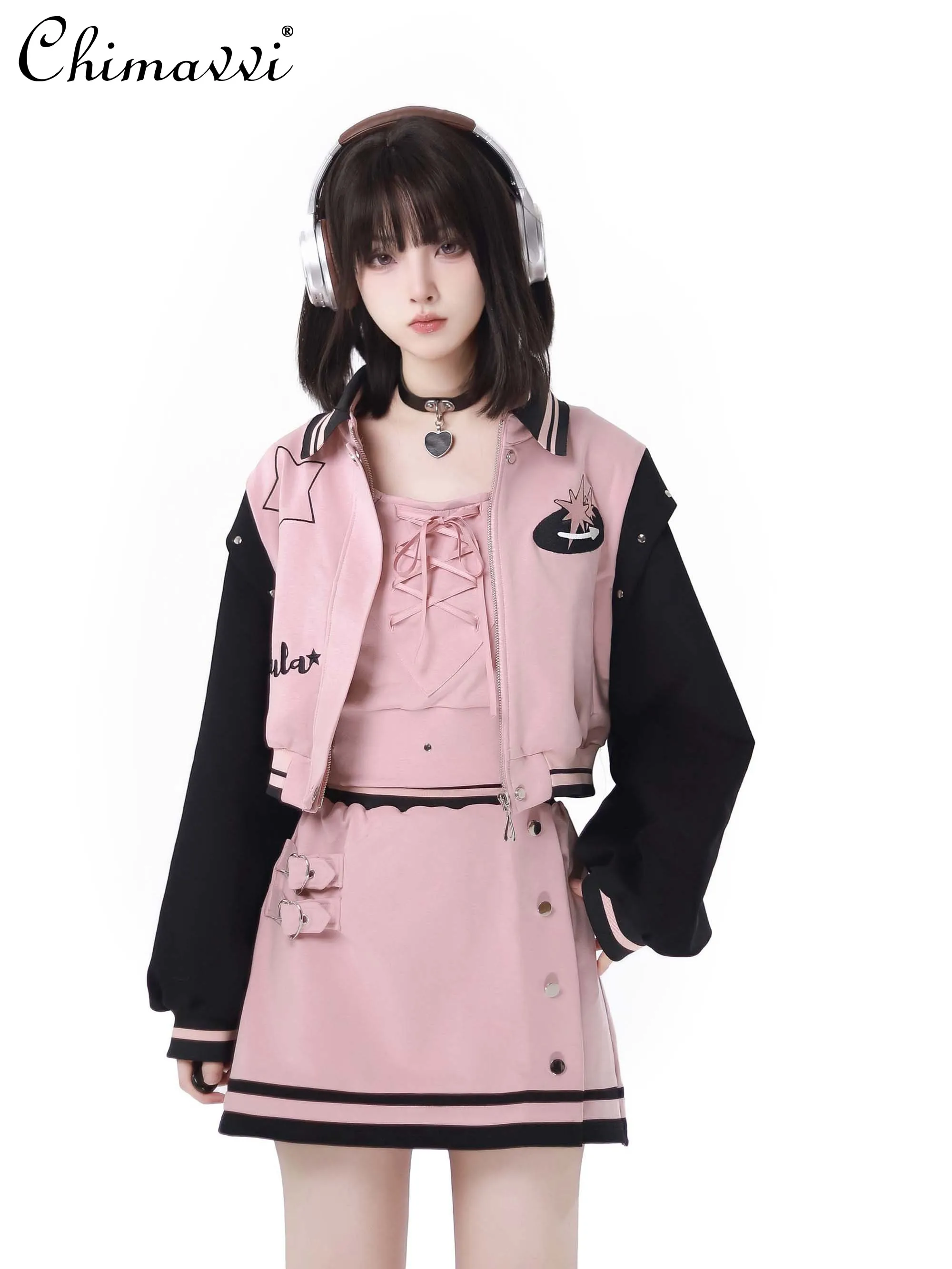 High-end Pink Preppy Style Baseball Uniform Jacket Mini Skirt Two-Piece Sets Autumn Womens Outfits Sweet Y2K Hot Girl Skirt Sets