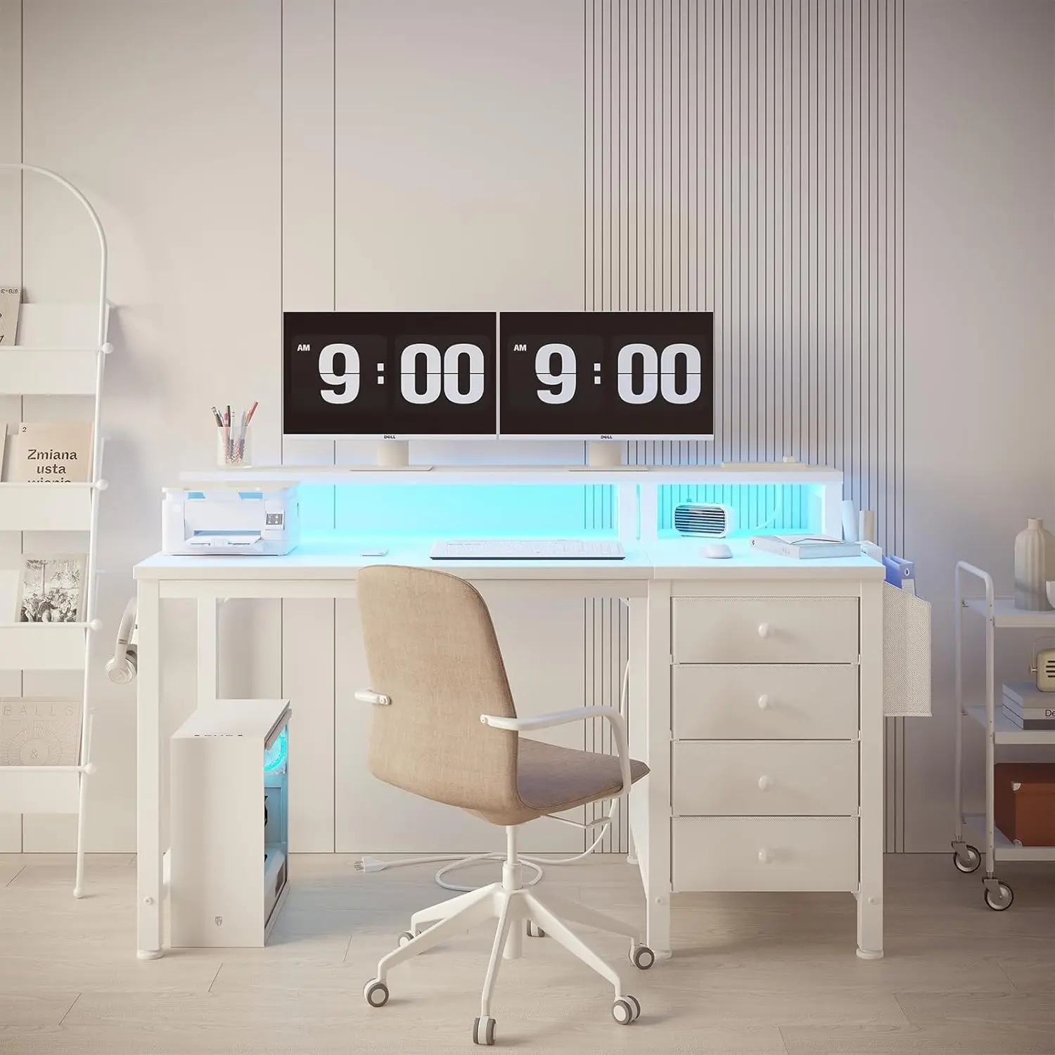 White Desk with 4 Drawers - 47 inch Gaming Desk with Monitor Stand, Reversible Computer Gaming Table  LED Lights Power Outlets