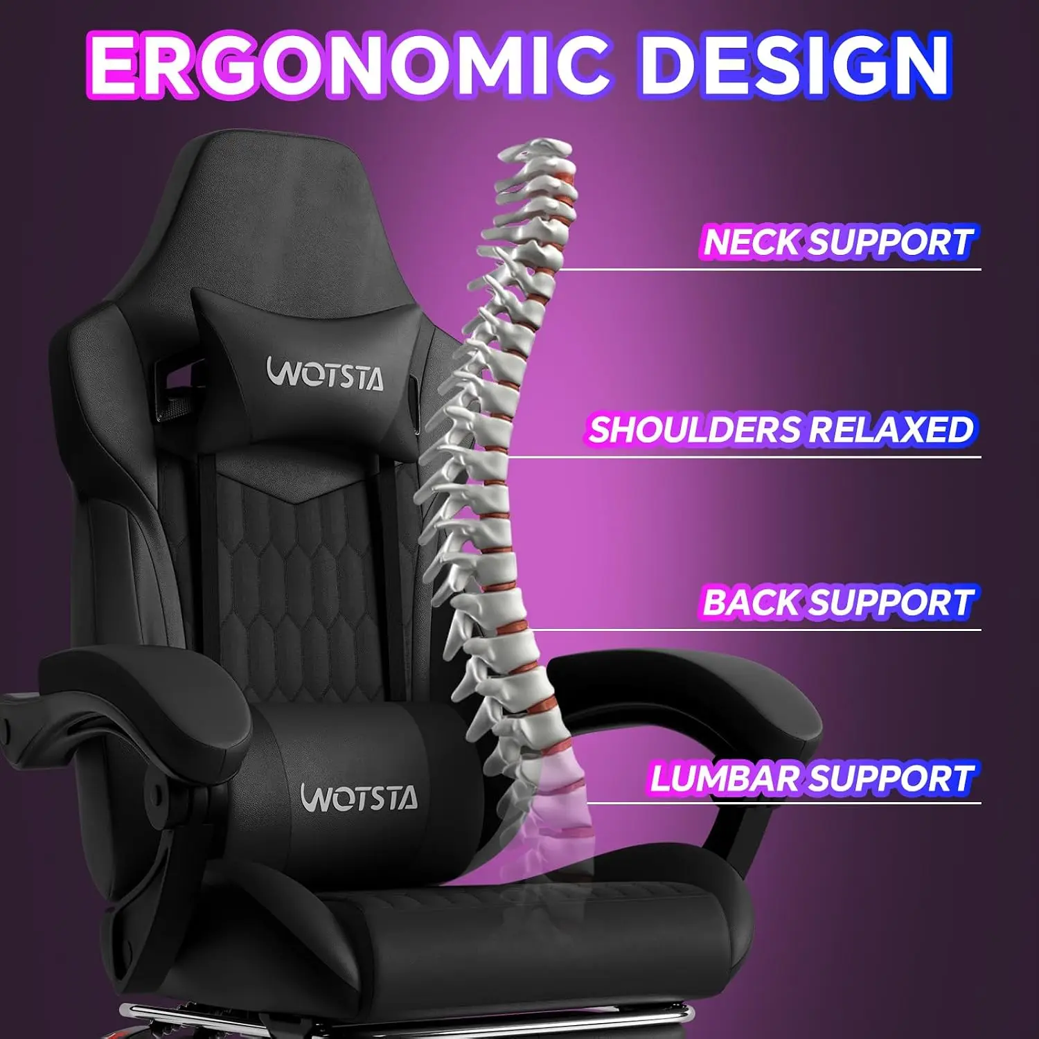 Gaming Chair with Footrest, High Back Gaming Chairs PVC Leather Ergonomic Gamer Chair with Adjustable Headrest Lumbar Support Racing Style Video Gaming Chair for Office/Home (Black) - view 5