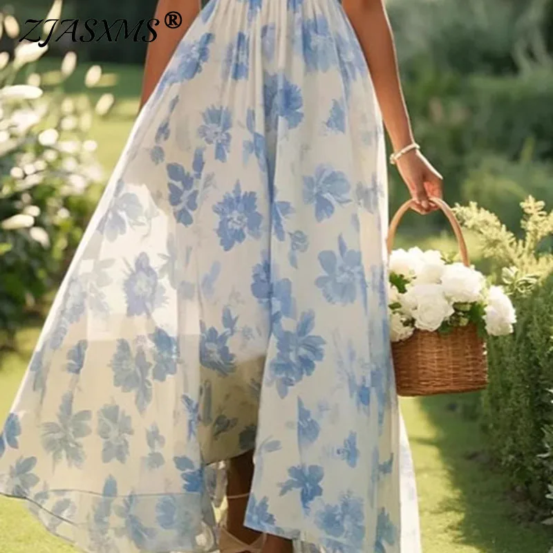 보헤미안 스타일 플로럴 프린트 여성용 연회복 섹시 V넥 하이웨이스트 롱 드레스 봄 여름 민소매 탱크 맥시 드레스