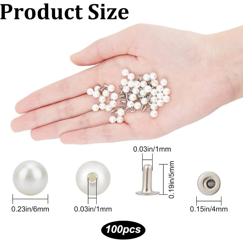 100 Set 6mm Pearl Rivets Studs White Round Plastic Pearl Buttons Studs with Pins Kit for Clothing Hat Bags Shoe Embellishments