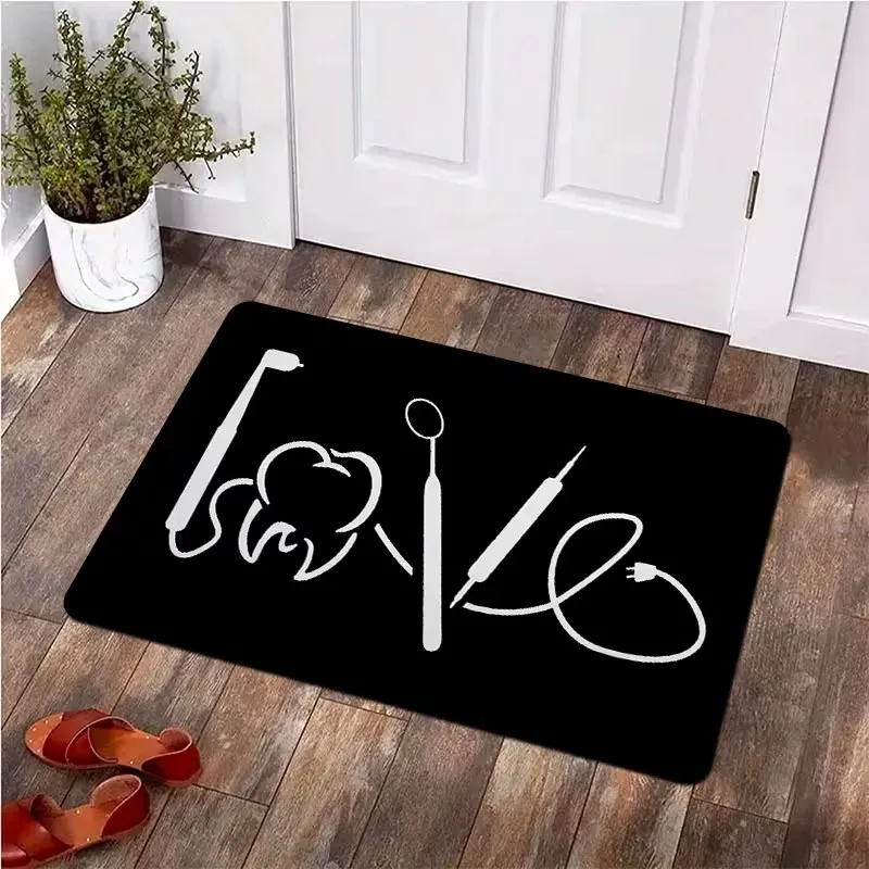Green Cartoon Dentist Print Doormat Cute Tooth and Dental Tools Design Non Slip Floor Mat