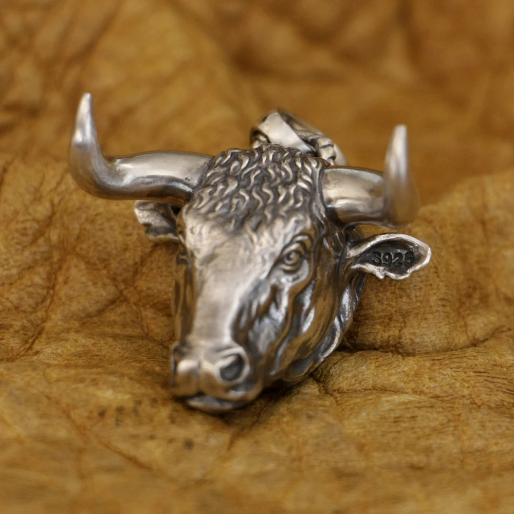 

LINSION Buffalo Pendant 925 Sterling Silver Biker Punk Wild ox Jewelry TA395