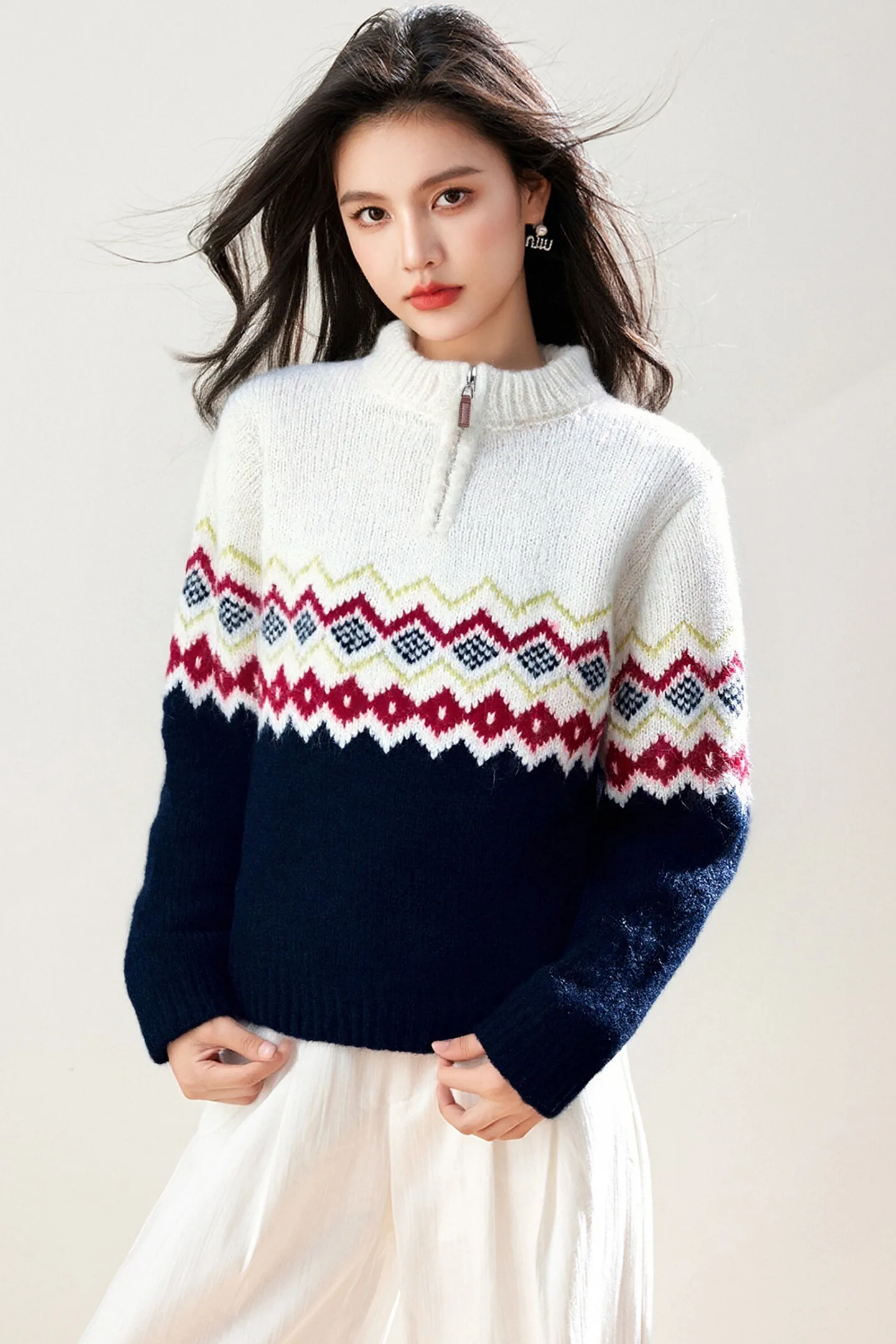 เสื้อสเวตเตอร์ผู้หญิง แขนยาว คอเต่า ซิปครึ่งตัว ผ้าถักลายแจ็คการ์ด หนานุ่ม สวมใส่สบาย สไตล์ลำลอง หรูหรา รุ่น 9827 สำหรับฤดูใบไม้ร่วงและฤดูหนาว