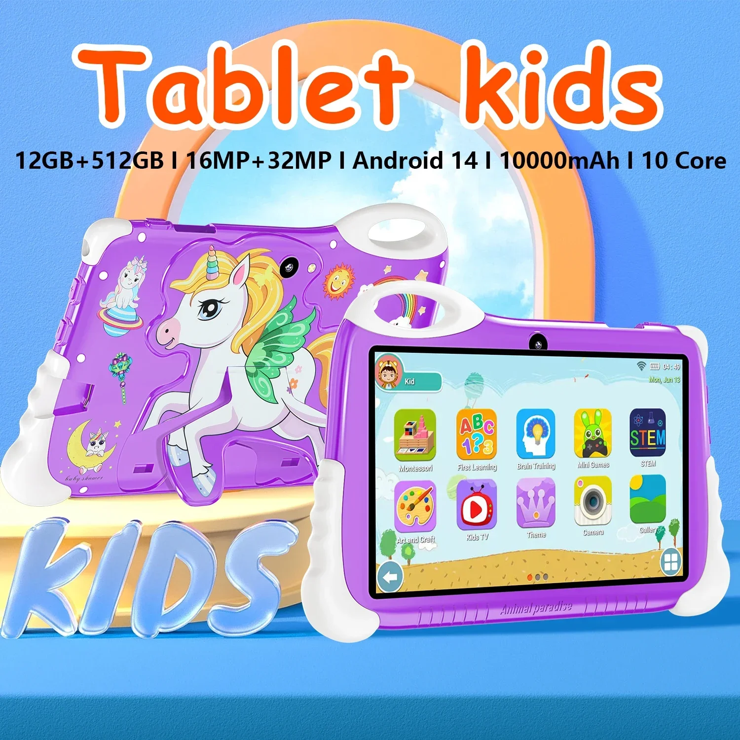 C86 Kid's Tablet with Android14 7.1 HD Screen Dual Card Dual Standby 12GB Memory 10000mAh GPS Satellite Positioning 16MP+32MP