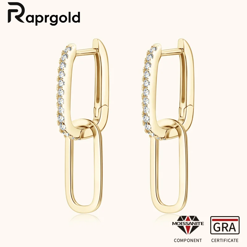 RAPRGOLD GRA Certified Moissanite Square Hoop Earring for Women 925 Sterling Silver Paper Clip Earrings Jewelry Gifts pendientes