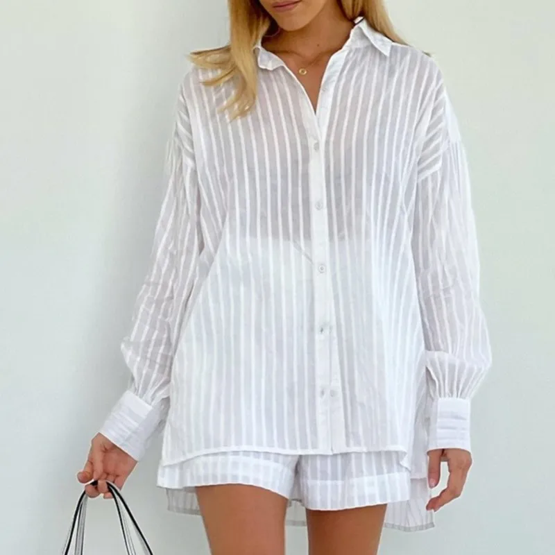 Summer Fashion New Matching Collection Women's Solid Color Jacquard Shirt Shorts Two Piece Elegant Casual Sports Set White