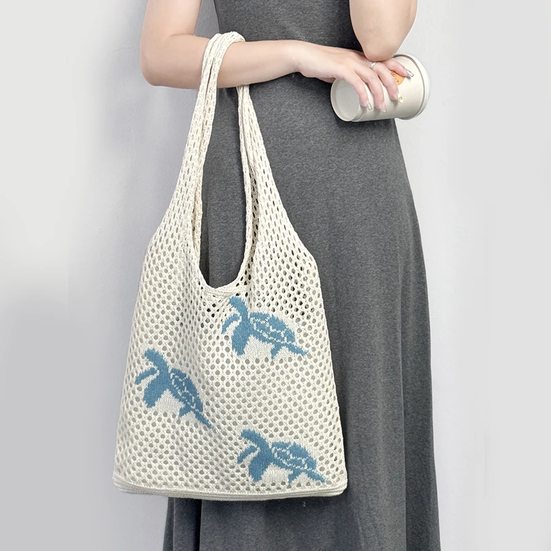 Cherry Knitted Hollow Underarm Shoulder Bag,Embroidered Pattern Handbag,Summer Solid Color Women's Tote Bag