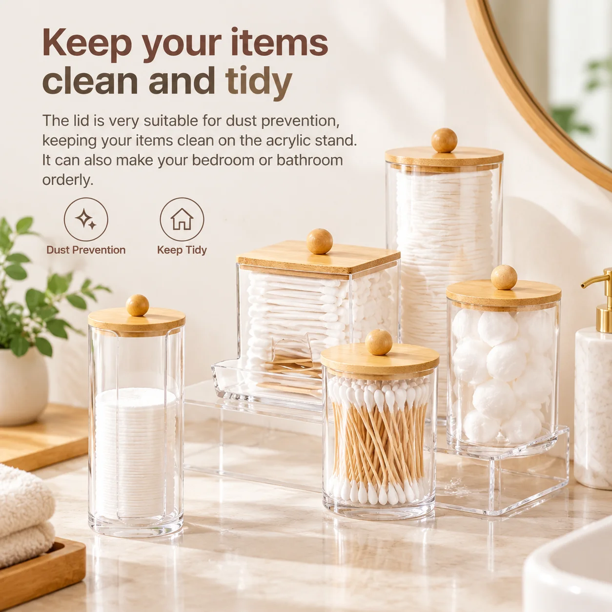 1/3/5 Pack Square Acrylic Q-Tip Holder with Bamboo Lid Bathroom Organizer for Cotton Swabs Cotton Balls and Floss Picks