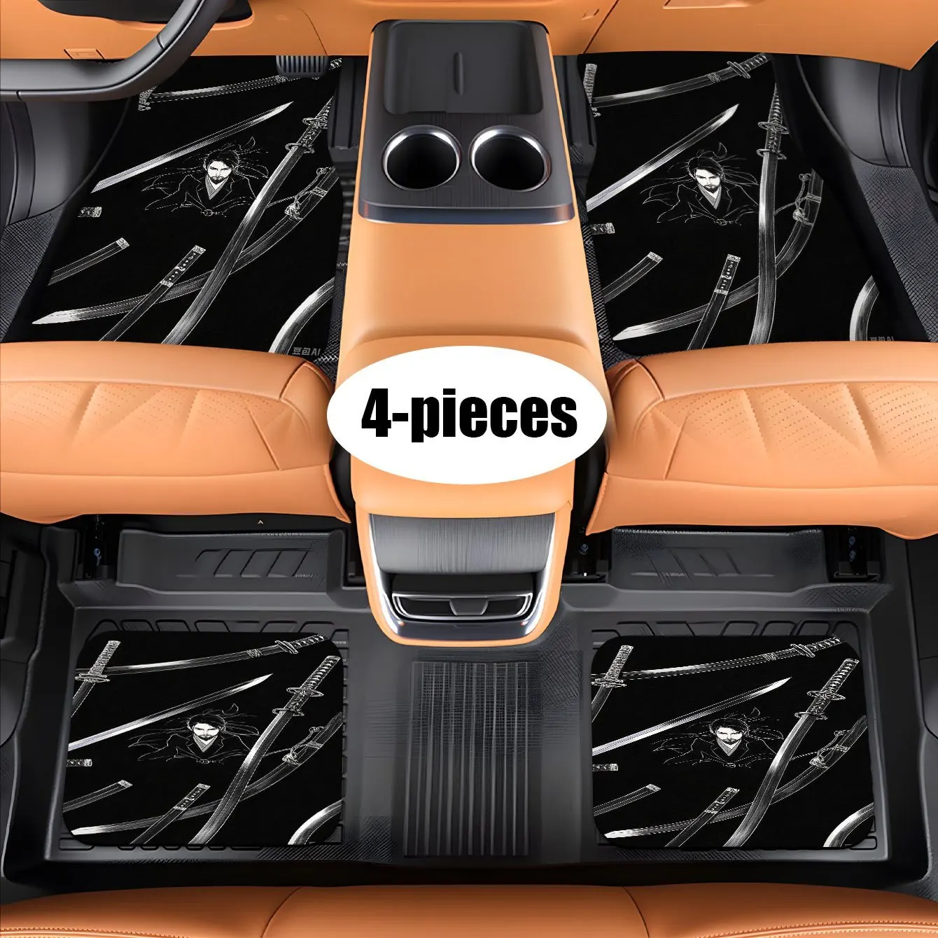 4pcs, Car Floor Mats 4pcs Set Samurai Sword And Character Print Car Floor Mats, Front And Rear Carpet, Suitable For Cars, Vans,