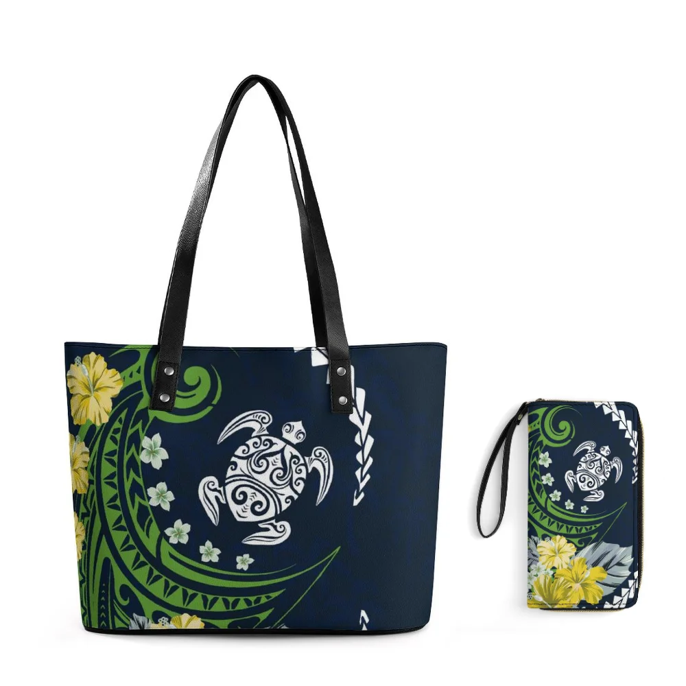 

Polynesian Island Style Sea Turtle Print Women'S Fashion Handbag Shoulder Bag Pu Zipper Large Capacity Bag And Purse Set