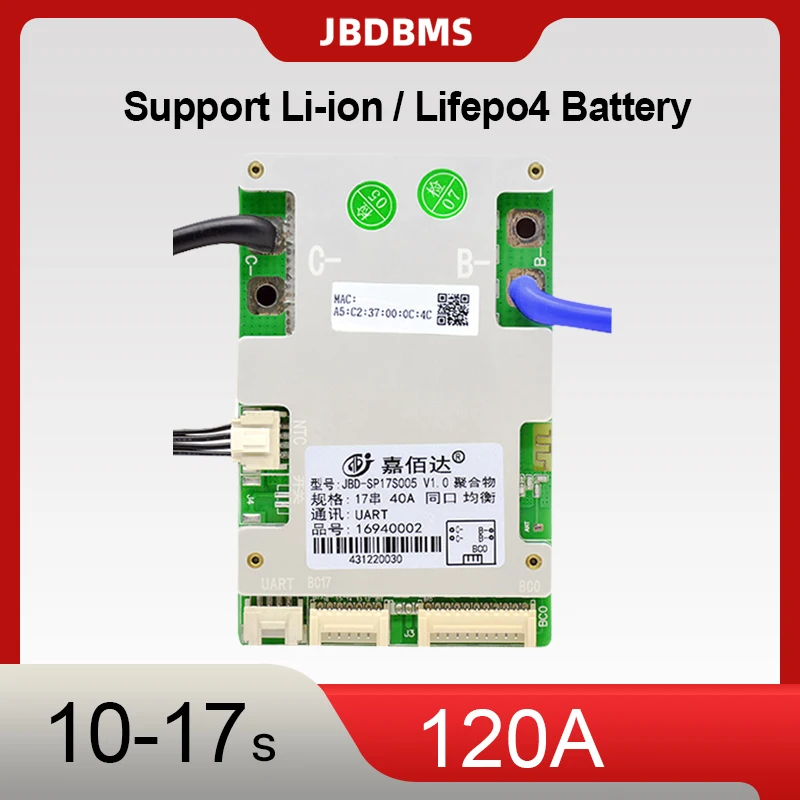 JBD 10-17S 120A Smart BMS 36V-60V Lithium BMS with UART APP Support BT Module PC Software for Li-ion LiFePO4 Pack GolfCart DIY
