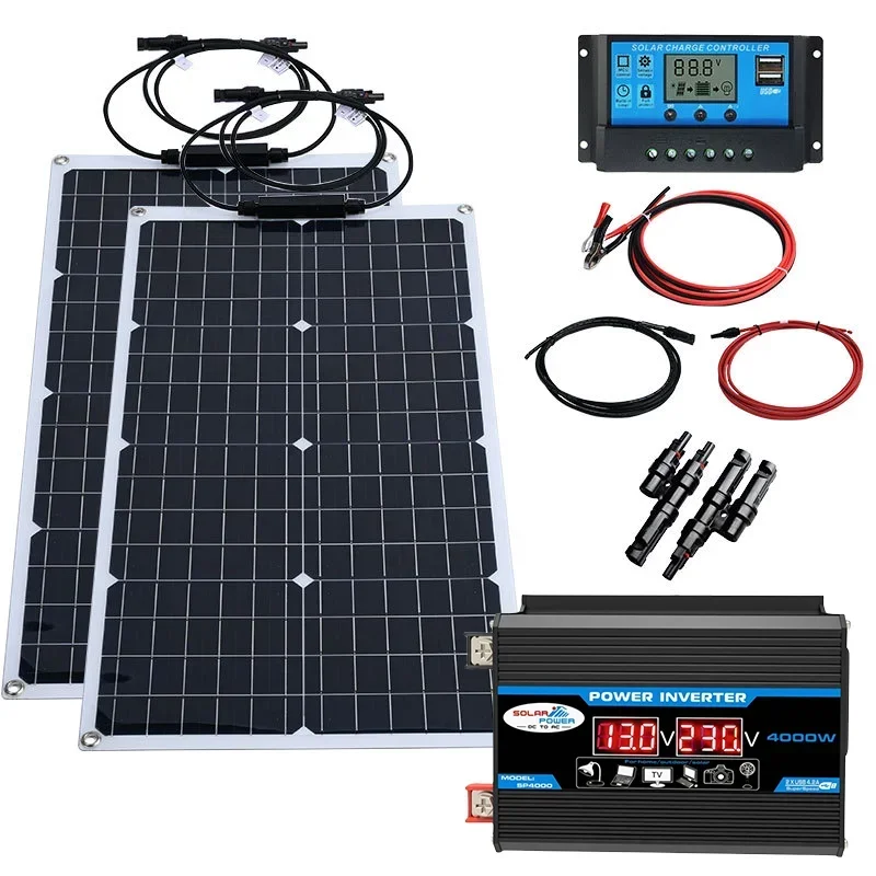 4000W 6000W off-grid zonne-energieset – 4000W zonnepaneel + 110V/220V omvormer + 12V batterijcontroller voor thuisback-up