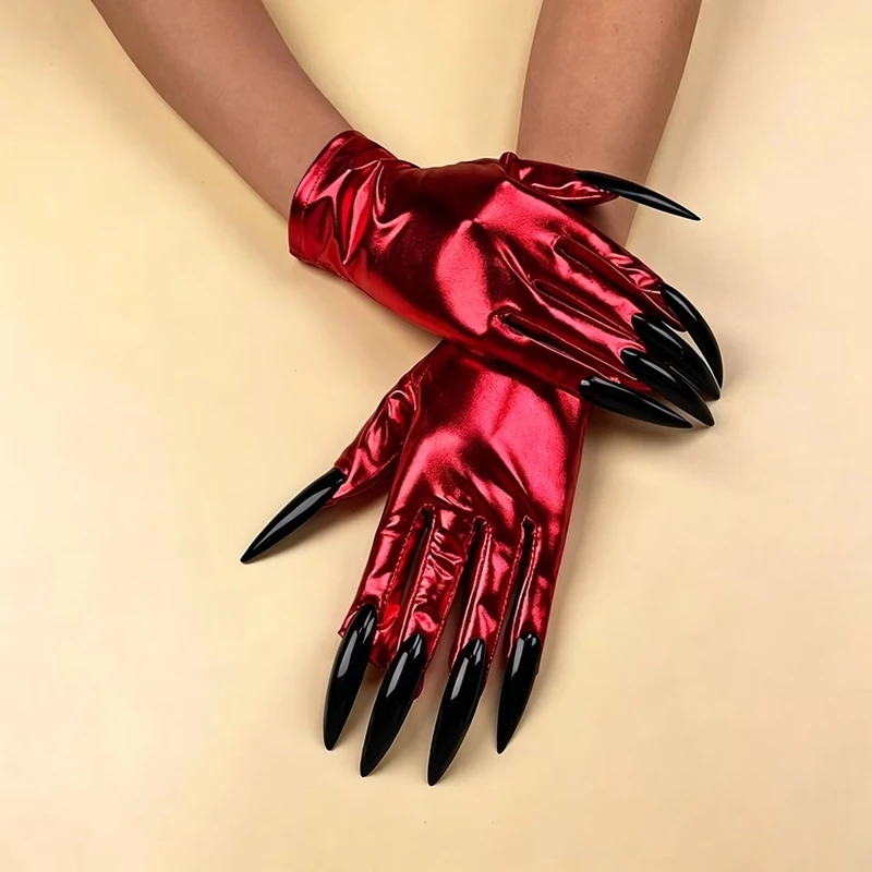 Halloween Long Claw Gloves Metallic PU Short Wrist Gloves Women Gothic Cosplay Party Nightclub Dance Accessories