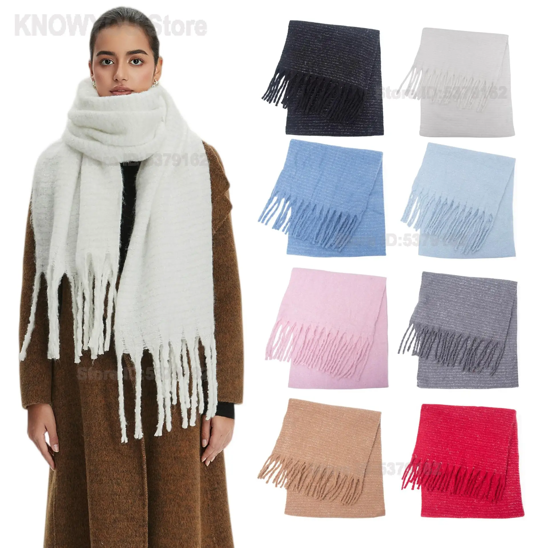 Women Autumn Winter New Faux Mohair Shiny Yarn Scarf Thick Tassel White Shawl Warm Circle Yarn Neck Wrap Fashion Ladies Neck