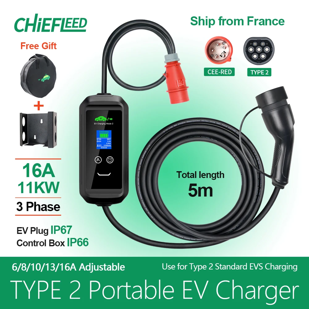 Chiefleed Type 2 11KW 16A EVSE Charging Box Electric Car Charger CEE Plug IEC62196-2 Portable EV Charger