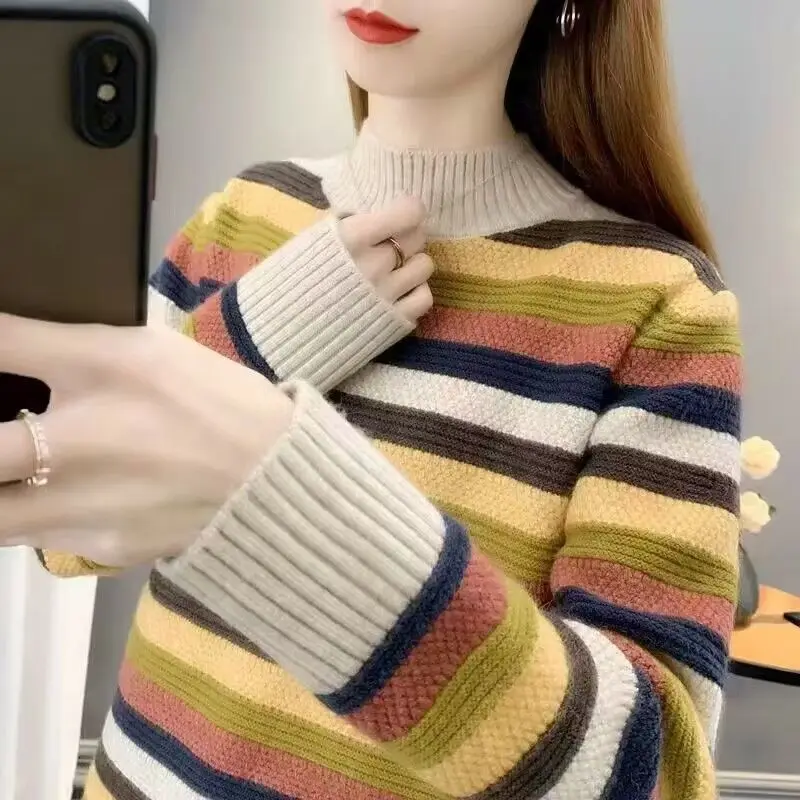 

Tops For Woman Clothes Half High Neck Women's Sweater New Autumn Long Sleeve Striped Pullover Female Clothing Pulls Femmes