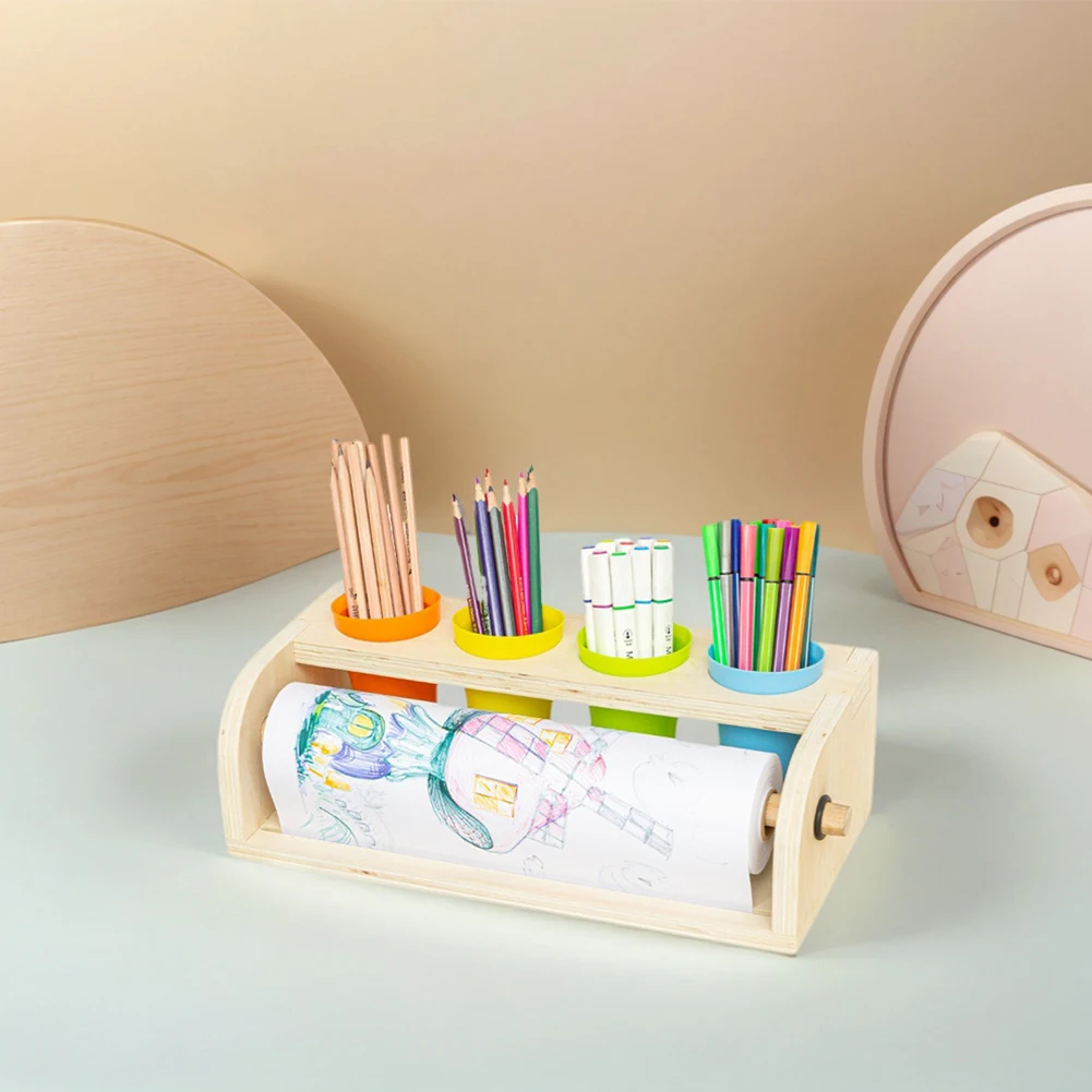 Art Paper Roll Dispenser with Paper Roll&Pencil Cups Paper Roll Easel Solid Wood Storage Roll Paper Rack for Kids Desktop Easel
