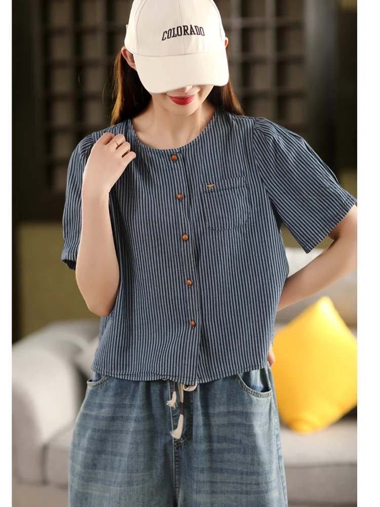 

Retro Striped 00% Cotton ort Sve round Ne irt Thin Summer Top Women's Faion Commute Sle Loose Fit T-irt