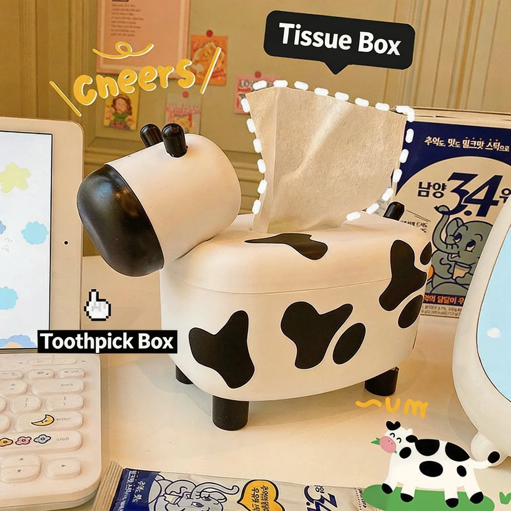 Animal Tissue Box Cover with Detachable Toothpick Container Cute Cow Paper Towel Holder Kitchen Organizer