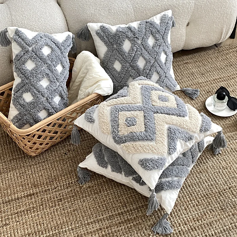 Grey Geometric Tufted Cushion Cover Cotton Canvas Tufted Pillowcase Four Corner Tassel Sofa Pillow Cover for Living Room