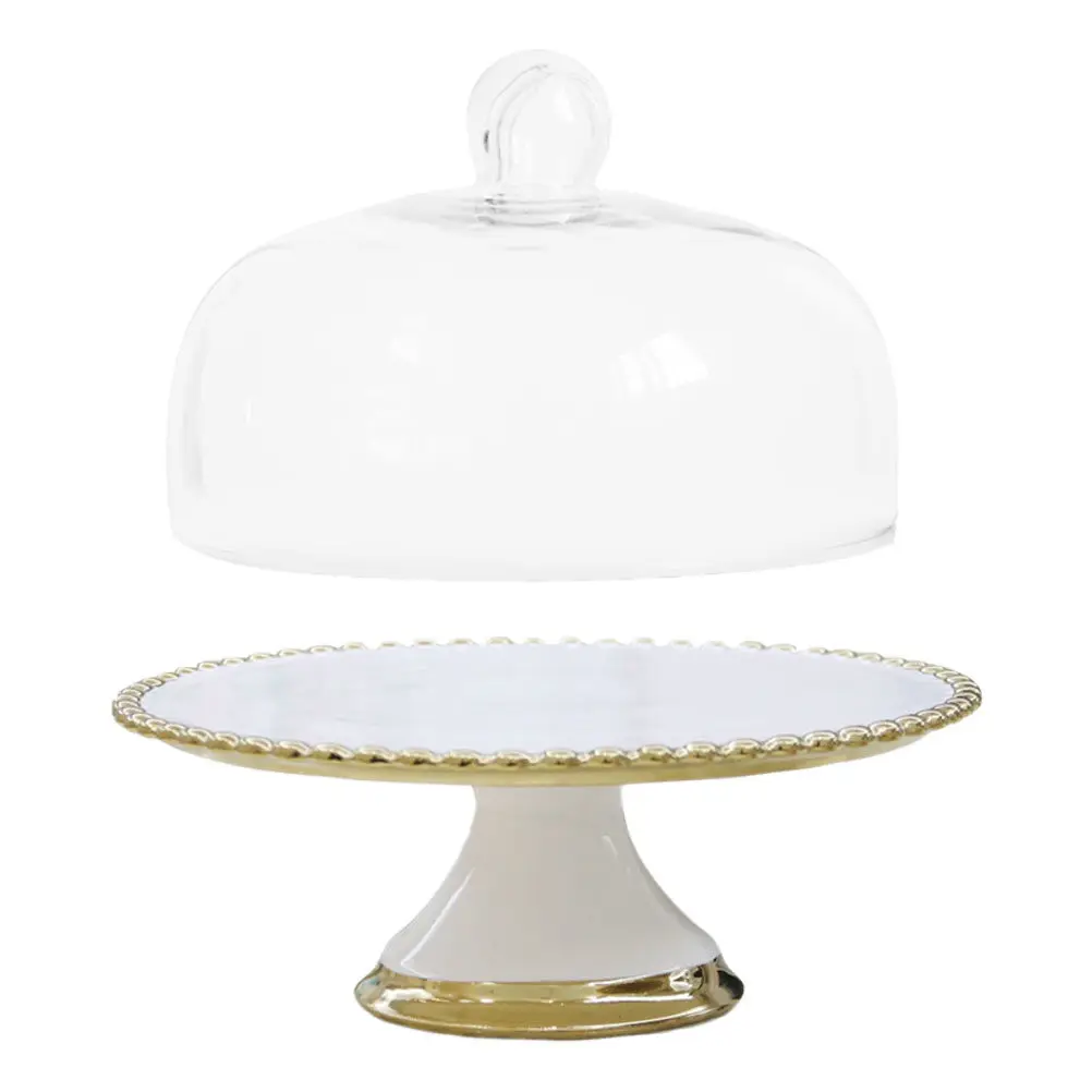 

Золотая керамическая подставка для торта с крышкой, на высокой ножке, для демонстрации десертов на вечеринках, сервировки сыра, фруктов, украшения стола