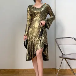 Minimalist Commuter 2024 Autumn New Women's A-Line V-Neck Printed Spliced Ruffles Flare Sleeve Elegant Luxury Slim Midi Dress