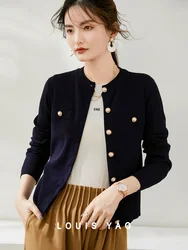 LOUIS YAO 2024 Spring/Autumn French Imitation Pearl Button Knit Sweater Round Neck Cardigan Elegant Style Jacket for Women