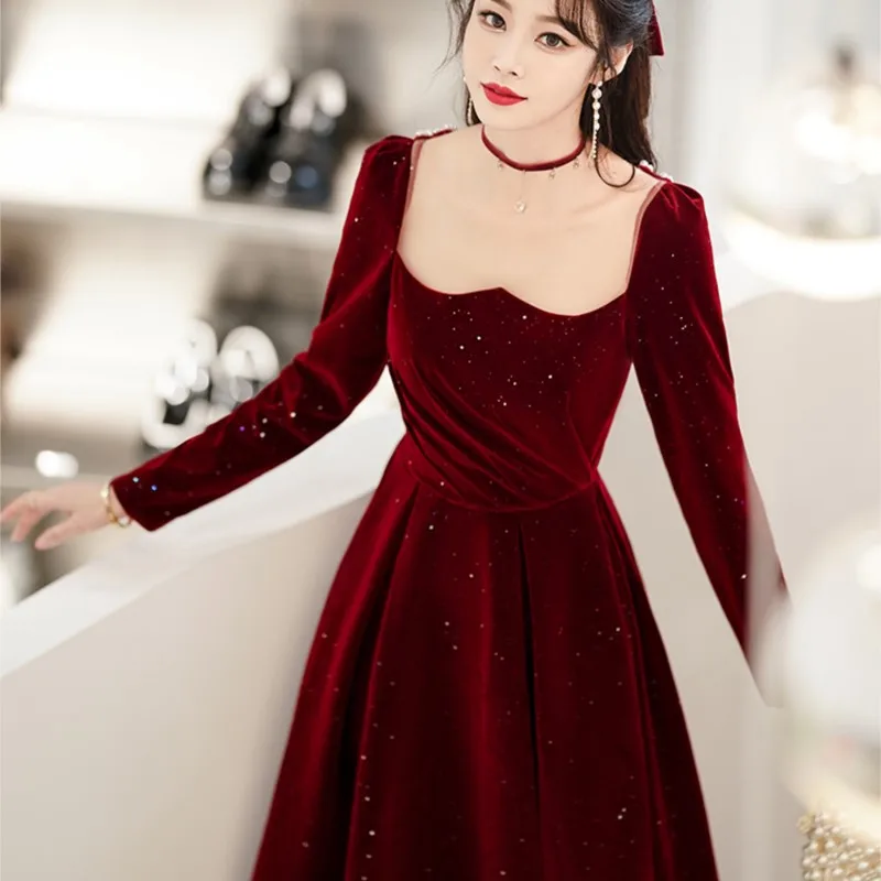 Toasting wine red long sleeve velvet back atmospheric dress