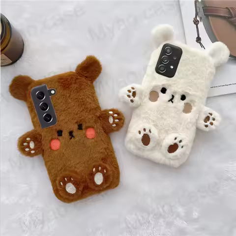 Cute Cartoon Bear Plush Fur Phone Case For Samsung galaxy S20 Plus S21 FE S22 Ultra Note20 S10 S9 S8 A12 A52 A72 A22 A32 Cover