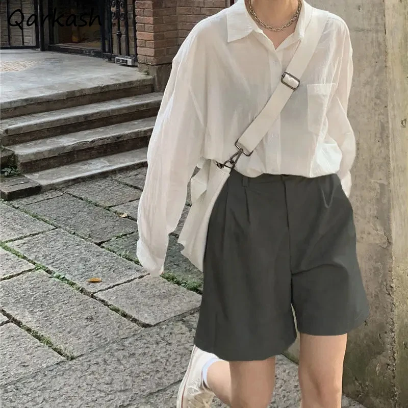 Şort Kadın S-3XL Gevşek Moda Tüm Maç Katı Yaz Yüksek Bel Geniş Bacak BF Basit Temel Ulzzang Genç Kolej Rahat Öğrenci