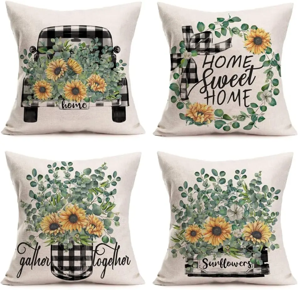 

Наволочки с зелеными листьями и желтым подсолнухом, черно-белые пледы из буйвола, милый домашний декор, наволочки, набор из 4 летних наволочек