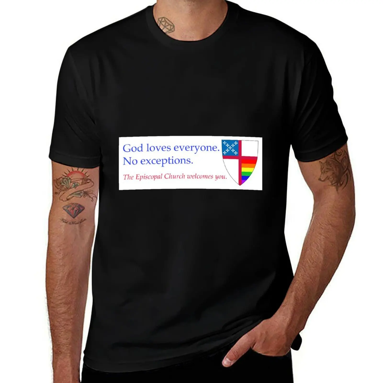 Copy of God Loves Everyone. No Exceptions. The Episcopal Church Welcomes You. Episcopal Shield Horizontal Pride Stripes  T-Shirt