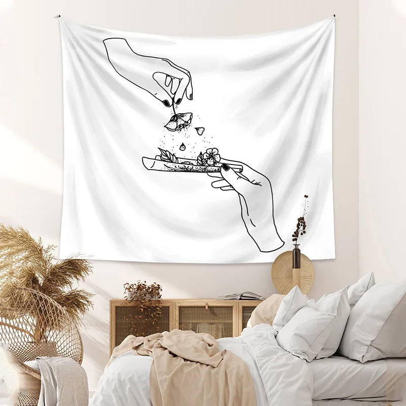 Simple Black and White Line Drawing Tapestry Striped Pattern Printed Home Decorative Cloth Nordic Sanded Wall Carpet with Nails