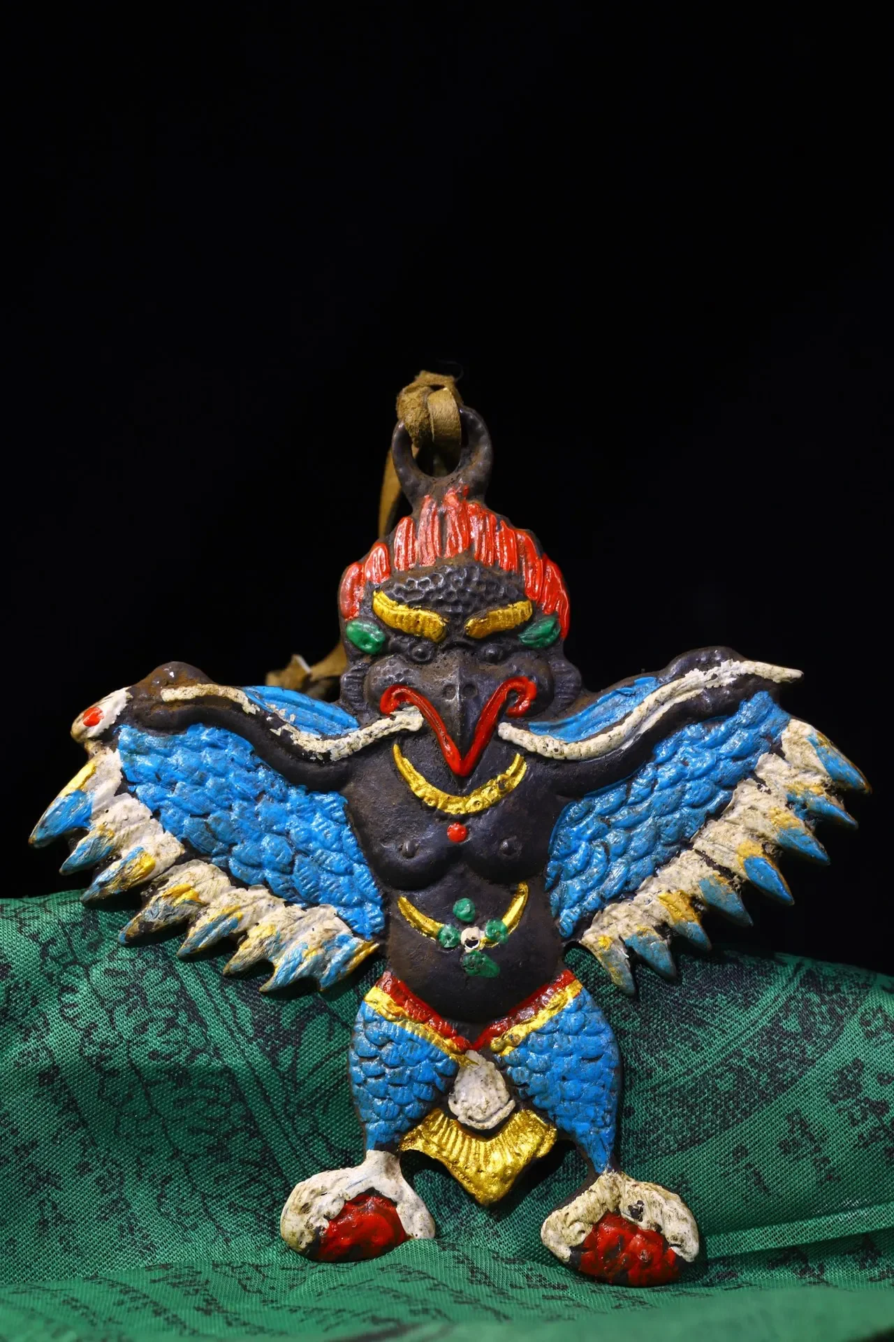 

5"Tibetan Temple Collection Old Bronze Painted GARUDA Garuda Dhwaja Buddha Plaque Amulet Pendant Town house Exorcism