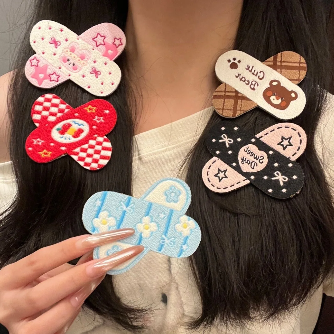 Cute Bandage Shaped Hair Clips Kawaii Cartoon Bear Rabbit Embroidery Duckbill Barrettes Sweet Bow Star Plaid Hairpins Fashion Ha