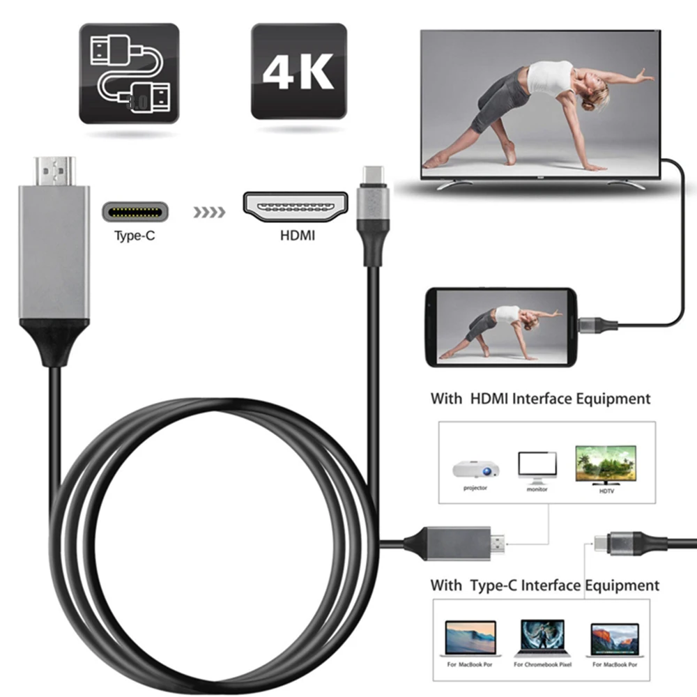 4K 1080P USB 3.1ประเภท C ไปยัง HDMI อะแดปเตอร์สาย USB-C Cable สำหรับ Macbook Pro chromeBook Pixel HDTV TV