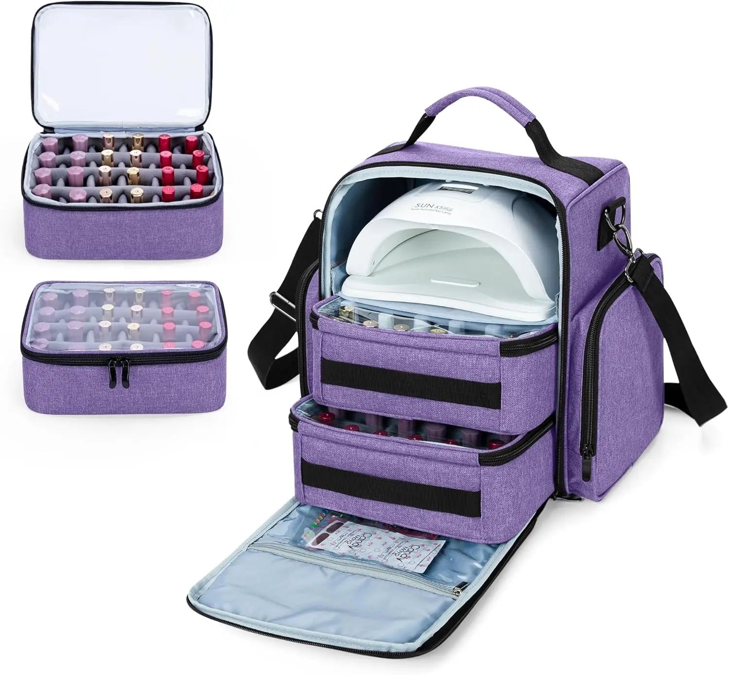 Grande organizer per smalti per unghie può contenere 48 bottiglie e lampada, 2 buste rimovibili, più sezioni di archiviazione - Viola