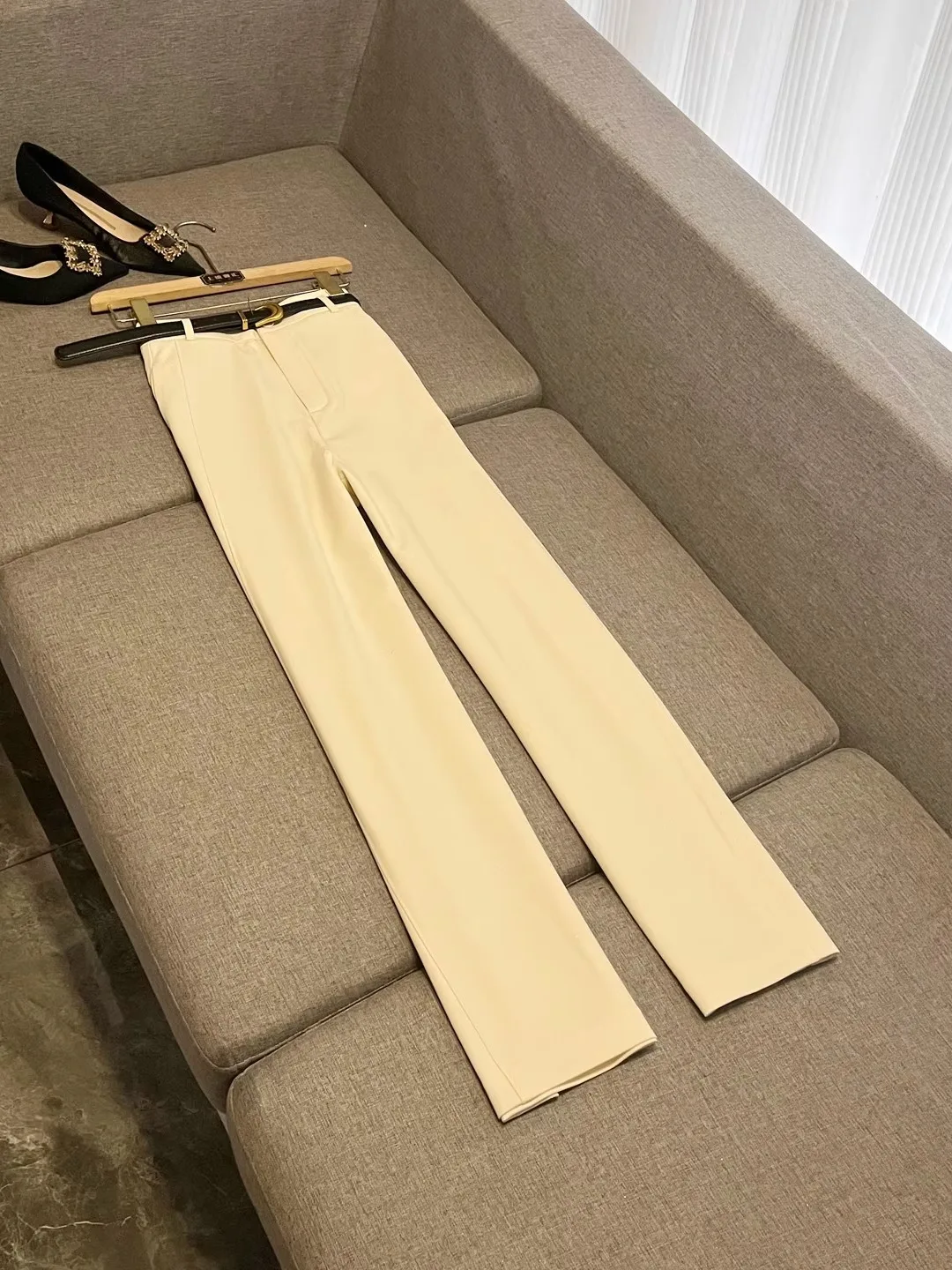 Pantalones largos sueltos de plátano elástico de cintura alta para mujer, pantalones informales adelgazantes con cuchillo, nueva tela de algodón Sle 2025